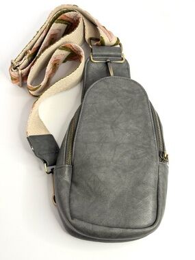 Gray Small Sling Crossbody Bag w/ Patterned Strap
